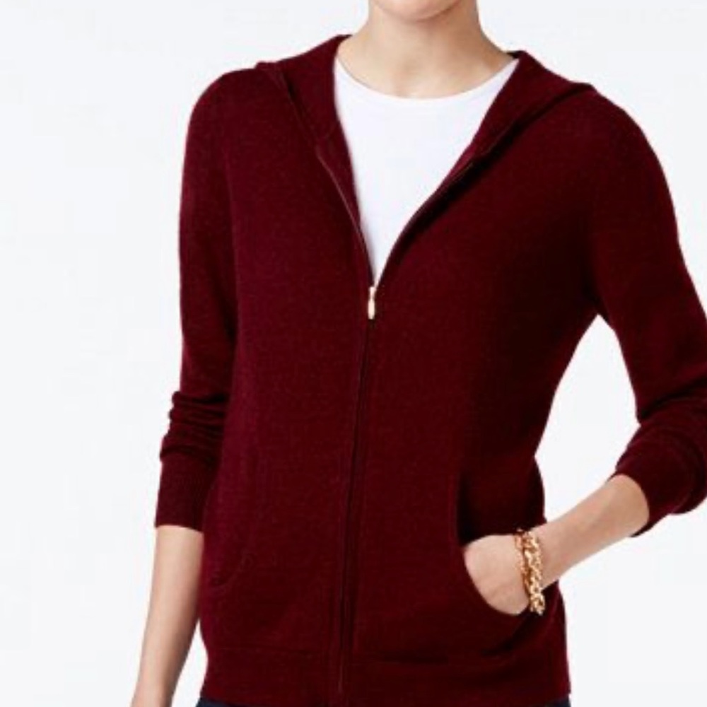 Cashmere Charter Club Full Zip Hoodie Luxury Sweater maroon Soft Warm Cozy NEW